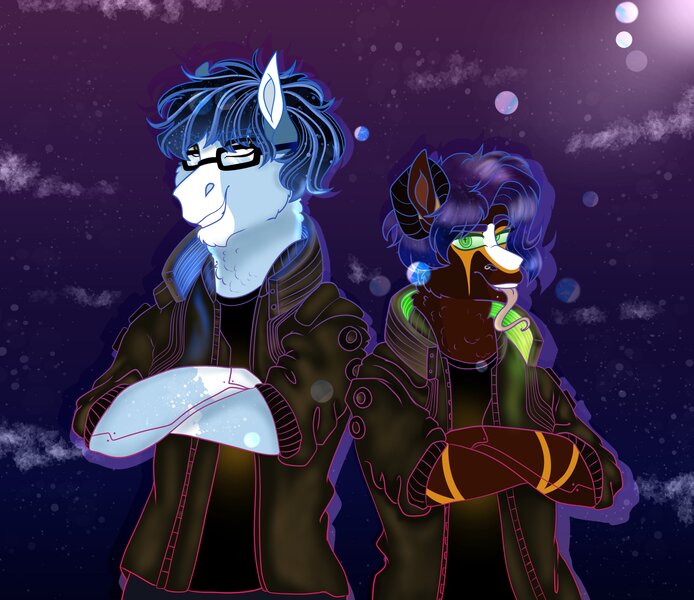 Size: 4096x3543 | Tagged: safe, artist:inisealga, derpibooru import, oc, oc:cherry fuse, oc:soaring spirit, unofficial characters only, anthro, pony, clothes, cloud, coat, coat markings, crossed arms, cyberpunk, duo, facial markings, female, glasses, image, jpeg, male, mare, multicolored hair, multicolored mane, sky, socks (coat marking), stallion, tongue out