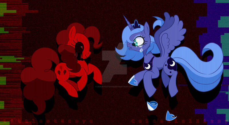 Size: 1209x661 | Tagged: safe, artist:bunnycute182, derpibooru import, pinkie pie, princess luna, alicorn, earth pony, pony, luna game, clothes, creepypasta, crown, crying, deviantart watermark, female, horn, image, jewelry, jpeg, looking at each other, looking at someone, mare, moon, obtrusive watermark, regalia, s1 luna, scared, shoes, smiling, spread wings, watermark, wings, zalgo, zalgo pie
