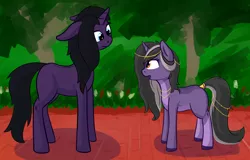 Size: 2048x1309 | Tagged: safe, artist:barhandar, oc, oc:glimmer dusk, oc:rivibaes, unofficial characters only, pony, unicorn, fanfic:purple black grey, confused, crossover, female, floppy ears, image, implied transformation, jewelry, looking at each other, mare, pale belly, park, png, short, socks (coat marking), surprised, tail wrap