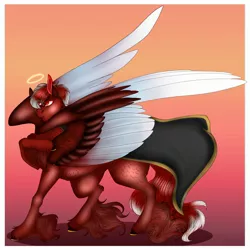 Size: 2544x2549 | Tagged: safe, artist:inisealga, derpibooru import, oc, oc:redflare, unofficial characters only, pegasus, pony, cape, clothes, colored wings, commission, halo, image, jpeg, large wings, male, multicolored wings, pegasus oc, solo, spread wings, stallion, unshorn fetlocks, wings