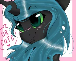 Size: 2500x2000 | Tagged: safe, artist:valkiria, derpibooru import, queen chrysalis, changeling, changeling queen, blushing, cute, daaaaaaaaaaaw, female, high res, image, png, simple background, solo, solo female, talking to viewer