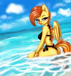 Size: 1080x1160 | Tagged: safe, artist:agleo, derpibooru import, oc, oc:goldenflow, unofficial characters only, anthro, classical hippogriff, hippogriff, ass, beach, bikini, blushing, braid, butt, clothes, detailed background, female, hair tie, image, kneeling, looking at you, png, solo, swimsuit, water, wings