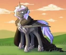 Size: 2400x2025 | Tagged: safe, artist:mechanakal, derpibooru import, oc, oc:shimmer shield, unofficial characters only, alicorn, pony, alicorn oc, armor, cloak, clothes, cloud, commission, confident, derpibooru exclusive, detailed background, field, fluffy, folded wings, grass, high res, hill, horn, image, looking up, male, png, scenery, sky, smiling, solo, stallion, sunset, watermark, wings