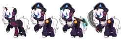 Size: 7716x2520 | Tagged: safe, artist:idkhesoff, derpibooru import, oc, oc:diamond doubloon, unofficial characters only, pony, unicorn, belt, boots, clothes, coat, cutlass, ear piercing, earring, eyeshadow, female, flintlock, glow, glowing horn, gun, handgun, hat, horn, image, jewelry, levitation, magic, makeup, mare, markings, open mouth, piercing, pirate, pirate hat, pistol, png, raised hoof, scar, shirt, shoes, simple background, solo, sweater, sword, tattoo, telekinesis, transparent background, weapon