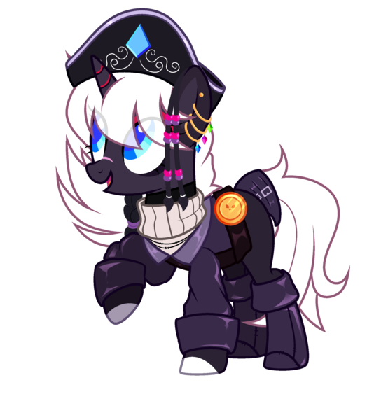 Size: 2286x2520 | Tagged: safe, artist:idkhesoff, derpibooru import, oc, oc:diamond doubloon, unofficial characters only, pony, unicorn, belt, boots, clothes, coat, derpibooru exclusive, ear piercing, earring, eyeshadow, female, hat, image, jewelry, makeup, mare, markings, open mouth, piercing, pirate, pirate hat, png, raised hoof, scar, shirt, shoes, simple background, solo, sweater, transparent background