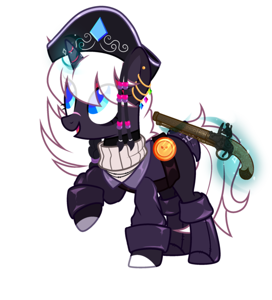 Size: 2286x2520 | Tagged: safe, artist:idkhesoff, derpibooru import, oc, oc:diamond doubloon, unofficial characters only, pony, unicorn, belt, boots, clothes, coat, derpibooru exclusive, ear piercing, earring, eyeshadow, female, flintlock, glow, glowing horn, gun, handgun, hat, horn, image, jewelry, levitation, magic, makeup, mare, markings, open mouth, piercing, pirate, pirate hat, pistol, png, raised hoof, scar, shirt, shoes, simple background, solo, sweater, telekinesis, transparent background, weapon