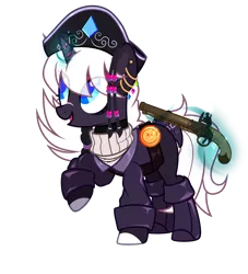 Size: 2286x2520 | Tagged: safe, artist:idkhesoff, derpibooru import, oc, oc:diamond doubloon, unofficial characters only, pony, unicorn, belt, boots, clothes, coat, derpibooru exclusive, ear piercing, earring, eyeshadow, female, flintlock, glow, glowing horn, gun, handgun, hat, horn, image, jewelry, levitation, magic, makeup, mare, markings, open mouth, piercing, pirate, pirate hat, pistol, png, raised hoof, scar, shirt, shoes, simple background, solo, sweater, telekinesis, transparent background, weapon