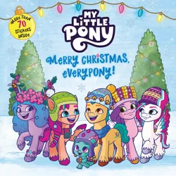 Size: 1600x1600 | Tagged: safe, artist:agnesgarbowska, derpibooru import, official, hitch trailblazer, izzy moonbow, pipp petals, sparky sparkeroni, sunny starscout, zipp storm, dragon, earth pony, pegasus, pony, unicorn, my little pony: winter wishday, baby, baby dragon, book cover, christmas, christmas lights, christmas tree, clothes, cookie, cover, faic, female, food, g5, hat, holiday, image, jpeg, male, mane five (g5), mare, my little pony logo, scarf, stallion, text, tree, winter, winter outfit