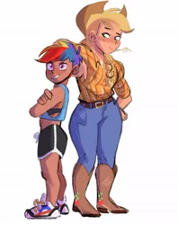Size: 947x1197 | Tagged: safe, artist:ashtoduski, artist:bokkitoki, derpibooru import, applejack, rainbow dash, human, appledash, applejack's hat, belt, boots, clothes, cowboy boots, cowboy hat, crossed arms, dark skin, duo, female, flannel, grin, hat, height difference, humanized, image, jeans, jpeg, lesbian, pants, shipping, shoes, shorts, simple background, size difference, smiling, smoldash, sneakers, sports bra, sports shorts, straw in mouth, tanktop, white background