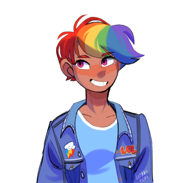 Size: 1200x1200 | Tagged: safe, artist:ashtoduski, artist:bokkitoki, derpibooru import, part of a set, rainbow dash, human, blushing, clothes, denim, denim jacket, female, grin, humanized, image, lol, png, shirt, simple background, smiling, solo, t-shirt, white background