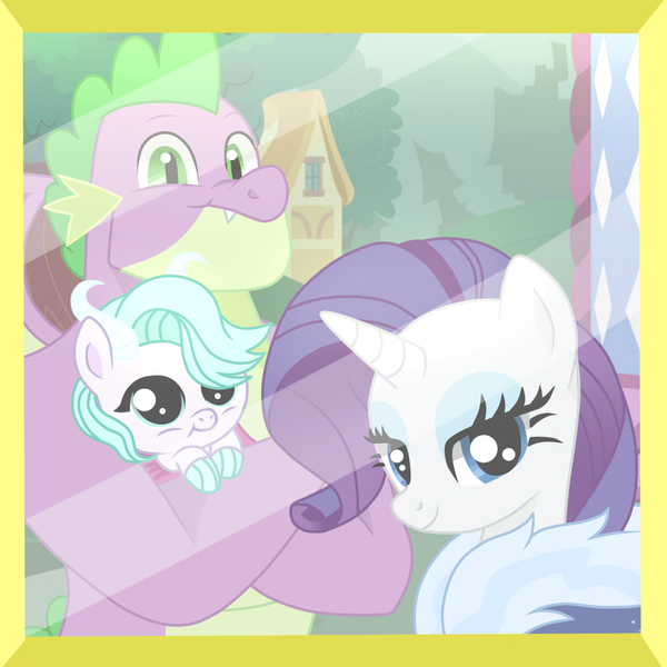 Size: 1000x1000 | Tagged: safe, artist:snowwind69, derpibooru import, rarity, spike, oc, oc:emerald turquoise, dracony, hybrid, pony, unicorn, base used, female, filly, foal, image, interspecies offspring, looking at you, male, mare, offspring, older, older spike, parent:rarity, parent:spike, parents:sparity, photo, png, shipping, sparity, straight, trio