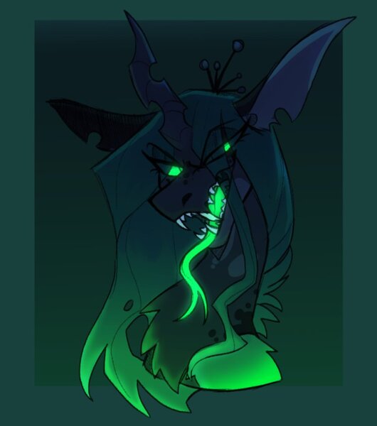 Size: 747x846 | Tagged: safe, artist:rockin_candies, derpibooru import, queen chrysalis, changeling, changeling queen, bust, fangs, female, forked tongue, glow, glowing eyes, glowing tongue, gradient background, green background, green eyes, horn, image, jpeg, open mouth, simple background, solo, teeth, tongue out