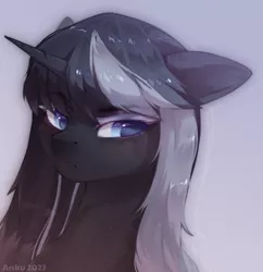 Size: 1935x2000 | Tagged: safe, artist:anku, derpibooru import, oc, unofficial characters only, pony, unicorn, blushing, bust, colored eyelashes, colored pupils, commission, eyebrows, eyebrows visible through hair, gradient background, gray background, horn, image, noise, png, portrait, simple background, solo, two toned mane, unicorn oc