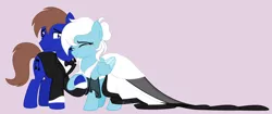 Size: 5058x2128 | Tagged: safe, artist:feather_bloom, derpibooru import, oc, oc:blueskies, oc:featherbloom, earth pony, pegasus, pony, bowtie, clothes, couple, crying, dress, hair bun, happy, holding hooves, image, in love, love, marriage, png, simple background, tears of joy, tuxedo, wedding, wedding dress