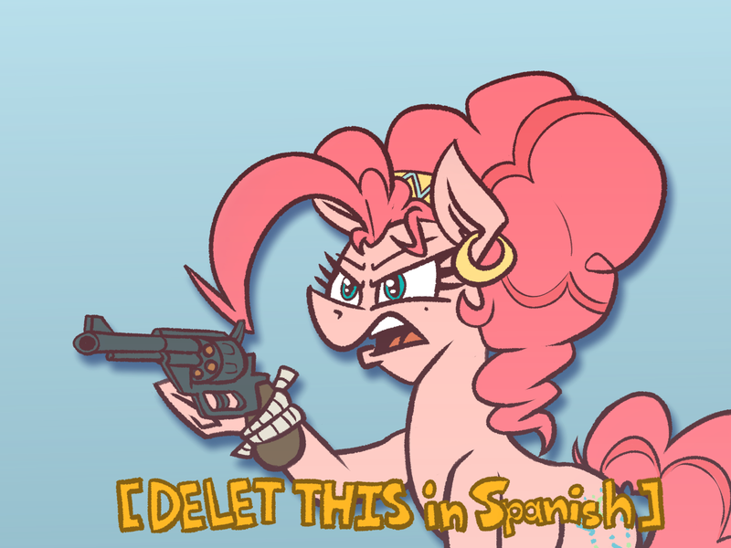 Size: 1318x989 | Tagged: safe, artist:cowsrtasty, derpibooru import, pinkie pie, earth pony, pony, blue background, delet this, ear piercing, earring, female, gun, handgun, hooped earrings, image, implied spanish, jewelry, mare, meme, mole, piercing, png, revolver, rope, simple background, solo, subtitles, weapon