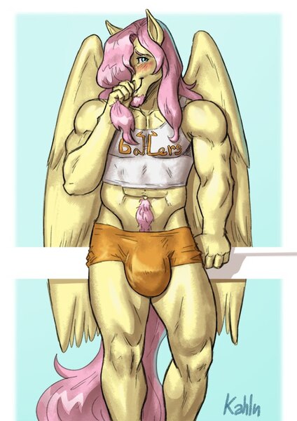 Size: 595x842 | Tagged: questionable, artist:kahlu5, derpibooru import, fluttershy, anthro, pegasus, pony, abs, belly button, blushing, boxer briefs, bulging, butterscotch, clothes, crotch bulge, facial hair, goatee, hair over one eye, happy trail, himbo, image, jpeg, male, muscles, muscleshy, muscular male, pose, rule 63, solo, solo male, stallion, teasing, tight clothing