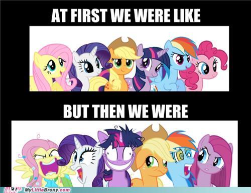 Size: 500x386 | Tagged: safe, derpibooru import, applejack, fluttershy, pinkie pie, rainbow dash, rarity, twilight sparkle, earth pony, pegasus, pony, unicorn, artifact, caption, crazy face, faic, happy, image, image macro, impact font, insanity, jpeg, mane six, meme, my little brony, pinkamena diane pie, smiling, text, unicorn twilight, watermark, you're going to love me