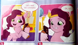 Size: 986x567 | Tagged: safe, derpibooru import, pipp petals, pegasus, pony, comic:the rehearsal, my little pony: a new generation, bad idea, bipedal, comic, cropped, female, g5, image, magazine scan, mare, phone, png, reaction image, solo
