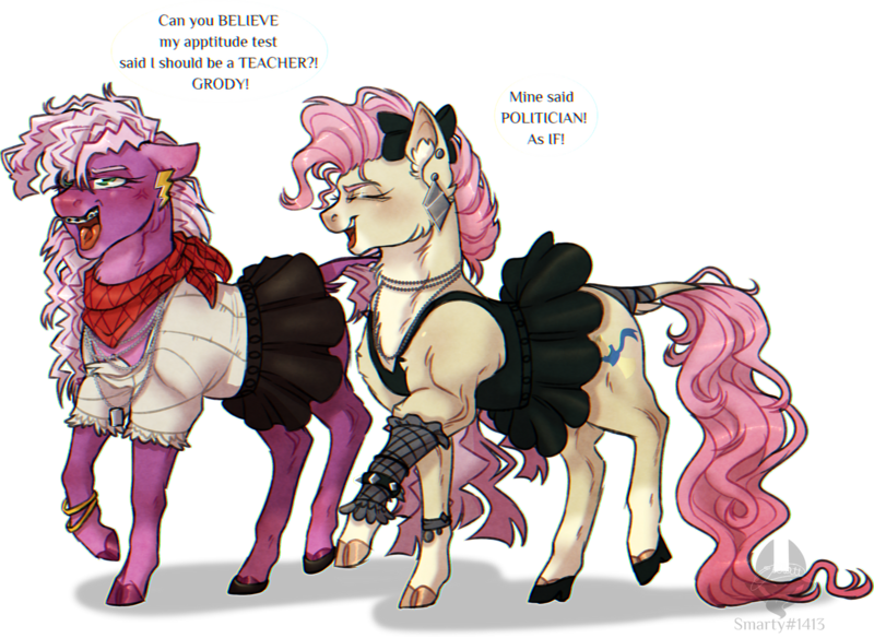 Size: 1280x935 | Tagged: safe, artist:notsosmartsmarty, derpibooru import, cheerilee, mayor mare, earth pony, neigh anything, spoiler:comic, spoiler:comic11, 80s, 80s cheerilee, 80s mayor mare, alternate hairstyle, clothes, colored, dress, duo, duo female, eyes closed, female, full body, image, jewelry, png, redraw, scene interpretation, shading, shadow, simple background, skirt, speech bubble, teenager, text, transparent background, walking, younger