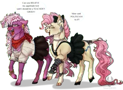 Size: 1280x935 | Tagged: safe, artist:notsosmartsmarty, derpibooru import, cheerilee, mayor mare, earth pony, neigh anything, spoiler:comic, spoiler:comic11, 80s, 80s cheerilee, 80s mayor mare, alternate hairstyle, clothes, colored, dress, duo, duo female, eyes closed, female, full body, image, jewelry, png, redraw, scene interpretation, shading, shadow, simple background, skirt, speech bubble, teenager, text, transparent background, walking, younger