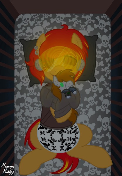 Size: 1640x2360 | Tagged: questionable, artist:mommymidday, derpibooru import, oc, oc:knight hollows, unofficial characters only, earth pony, pony, clothes, commission, crib, diaper, diaper fetish, ear piercing, earring, earth pony oc, fetish, hypno eyes, hypnogear, hypnosis, hypnosis fetish, hypnotized, image, jewelry, jpeg, lying down, male, male oc, on back, piercing, plushie, shirt, signature, solo, stallion, swirly eyes, visor