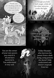 Size: 790x1131 | Tagged: safe, artist:vavacung, derpibooru import, fhtng th§ ¿nsp§kbl, king sombra, oleander (tfh), classical unicorn, demon, dragon, hybrid, longma, pony, unicorn, comic:crossover story, comic:crossover story 3, them's fightin' herds, blushing, book, cloven hooves, community related, crossover, crystal, female, image, jpeg, leonine tail, male, stallion, tail, tianhuo (tfh), unshorn fetlocks