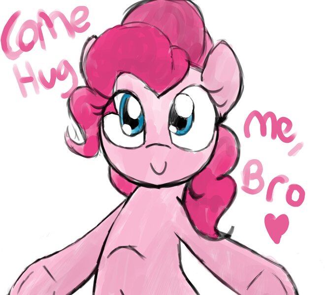 Size: 2200x2000 | Tagged: safe, artist:datte-before-dawn, pinkie pie, earth pony, pony, bipedal, female, image, jpeg, looking at you, mare, simple background, smiling, solo, text, underhoof, white background