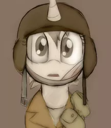 Size: 1910x2200 | Tagged: safe, artist:datte-before-dawn, oc, unofficial characters only, pony, unicorn, clothes, female, helmet, horn, image, jpeg, mare, open mouth, solo, thousand yard stare, uniform