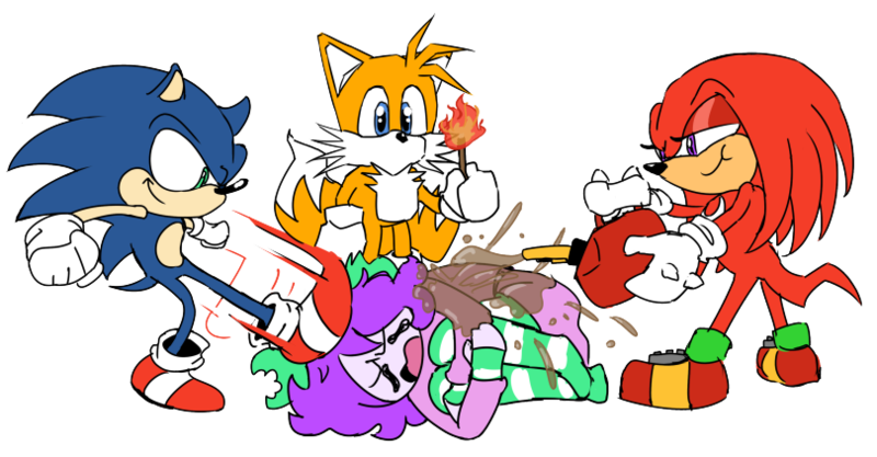 Size: 810x422 | Tagged: grimdark, artist:doodlegamertj, derpibooru import, oc, oc:mable syrup, aaaaaaaaaa, beaten up, bow, clothes, gas, gasoline, hair bow, image, kicking, knuckles the echidna, match, miles "tails" prower, png, screaming, simple background, socks, sonic heroes, sonic the hedgehog, sonic the hedgehog (series), striped socks, transparent background