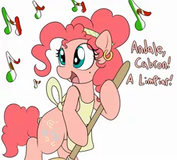 Size: 2200x2000 | Tagged: safe, artist:datte-before-dawn, pinkie pie, earth pony, pony, alternate cutie mark, apron, broom, clothes, dialogue, ear piercing, earring, female, image, jewelry, jpeg, mare, mexican flag, music notes, open mouth, piercing, simple background, solo, spanish, tail wrap, white background