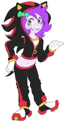 Size: 1476x2616 | Tagged: safe, artist:doodlegamertj, derpibooru import, oc, oc:mable syrup, unofficial characters only, bow, deaf, gray eyes, hair bow, image, outfit, png, purple hair, shadow the hedgehog, simple background, solo, sonic the hedgehog (series), transparent background
