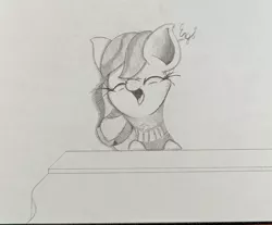 Size: 1998x1658 | Tagged: safe, artist:engi, derpibooru import, coloratura, earth pony, pony, the mane attraction, clothes, eyes closed, female, image, jpeg, musical instrument, open mouth, pencil drawing, piano, simple background, solo, traditional art