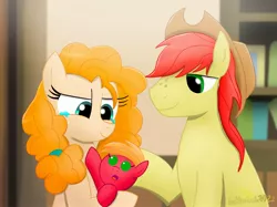 Size: 2732x2048 | Tagged: safe, artist:lordshrekzilla20, derpibooru import, big macintosh, bright mac, pear butter, earth pony, pony, baby, brightabetes, brightbutter, crying, cute, family, female, foal, image, jpeg, macabetes, male, mare, pearabetes, shipping, smiling, stallion, straight, tears of joy
