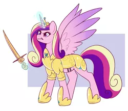 Size: 1013x882 | Tagged: safe, artist:lulubell, derpibooru import, princess cadance, alicorn, pony, armor, colored wings, fantasy class, female, frown, glow, glowing horn, gritted teeth, horn, image, magic, magic aura, mare, png, solo, spread wings, sword, teeth, telekinesis, warrior, weapon, wings