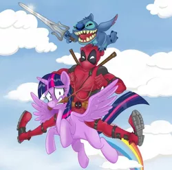 Size: 750x744 | Tagged: safe, derpibooru import, twilight sparkle, twilight sparkle (alicorn), alicorn, alien, human, pony, cloud, crossover, deadpool, female, flying, frown, image, jpeg, lilo and stitch, male, mare, marvel, open mouth, open smile, riding a pony, sky, smiling, spread wings, sword, trio, weapon, wings