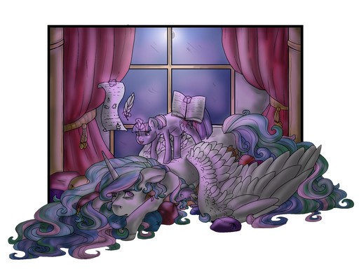 Size: 512x384 | Tagged: safe, artist:binibean, derpibooru import, princess celestia, spike, twilight sparkle, alicorn, dragon, pony, unicorn, book, curtains, female, glow, glowing horn, horn, image, jpeg, magic, male, mare, momlestia, night, scroll, telekinesis, unicorn twilight, window