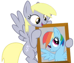 Size: 1105x932 | Tagged: safe, artist:katnekobase, artist:twilyisbestpone, derpibooru import, derpy hooves, rainbow dash, pegasus, pony, base used, cute, derpabetes, derpibooru exclusive, female, flying, hoof hold, image, mare, picture, picture frame, png, simple background, spread wings, transparent background, underp, wings