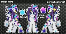 Size: 4000x2066 | Tagged: safe, artist:partylikeanartist, derpibooru import, oc, oc:indigo wire, unofficial characters only, pony, unicorn, eye clipping through hair, eyebrows, eyebrows visible through hair, facial markings, image, jpeg, ponytail, reference sheet, solo