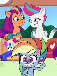 Size: 1717x2289 | Tagged: safe, derpibooru import, rainbow dash, sunny starscout, zipp storm, my little pony: pony life, my little pony: tell your tale, zipp's flight school, spoiler:g5, spoiler:my little pony: tell your tale, spoiler:pony life s02e04, spoiler:tyts01e02, cotton candy-colored glasses, g5, image, jpeg, meeting