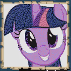 Size: 447x446 | Tagged: safe, artist:twedis, derpibooru import, twilight sparkle, pony, unicorn, 2b2t, beautiful, bust, eyelashes, female, game screencap, image, looking at you, mare, minecraft, minecraft pixel art, movie accurate, open mouth, pixel art, png, portrait, simple background, smiling, solo, teeth