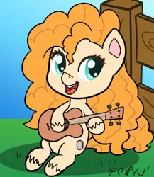 Size: 867x1000 | Tagged: safe, artist:empyu, derpibooru import, pear butter, earth pony, pony, my little pony: pony life, 30 minute art challenge, female, g4, g4 to g4.5, generation leap, guitar, image, looking at you, mare, musical instrument, open mouth, png