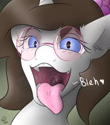 Size: 1400x1600 | Tagged: safe, artist:kingkrail, derpibooru import, oc, oc:flower star, pony, unicorn, bleh, breath, drool, female, flower, flower in hair, image, looking at you, mawshot, open mouth, png, solo, sunglasses