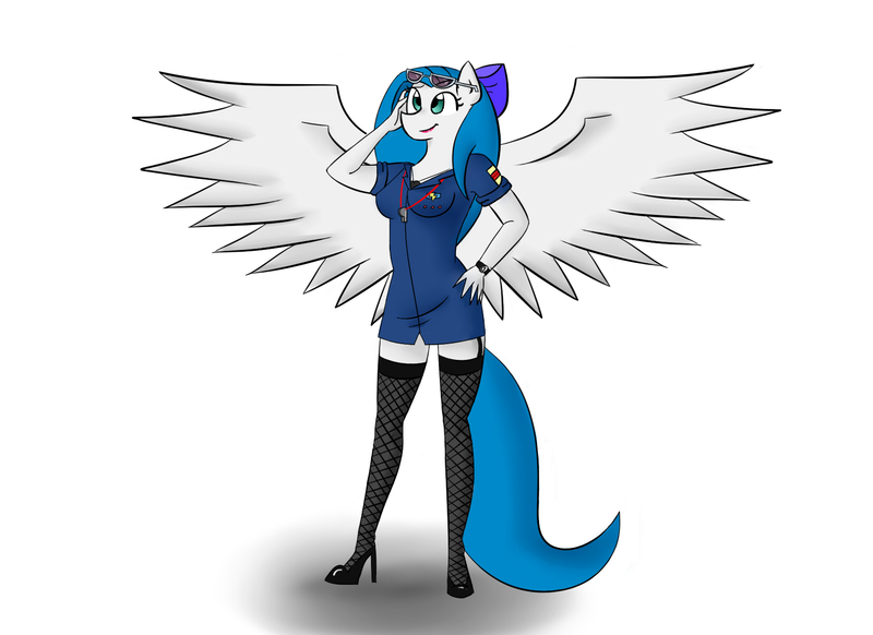 Size: 1650x1200 | Tagged: suggestive, derpibooru import, oc, oc:minty blue, anthro, pony, clothes, female, glasses, high heels, image, jpeg, legs, mare, sexy, shoes, smiling, socks, spread wings, stockings, thigh highs, whistle, whistle necklace, wings