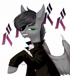 Size: 1987x2160 | Tagged: safe, artist:yunchan, derpibooru import, oc, oc:dante fly, unofficial characters only, hybrid, pony, vampire, fangs, hairpin, half bat pony, image, jabot, jpeg, male, solo, tailcoat