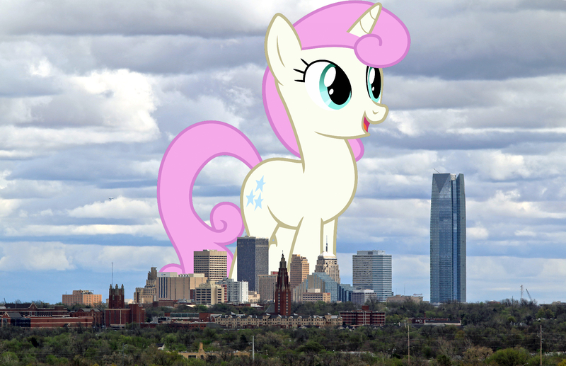 Size: 1771x1145 | Tagged: safe, artist:90sigma, artist:thegiantponyfan, derpibooru import, twinkleshine, pony, unicorn, female, giant pony, giant unicorn, giant/macro twinkleshine, giantess, highrise ponies, image, irl, jpeg, macro, mare, mega giant, oklahoma, oklahoma city, open mouth, photo, ponies in real life, smiling