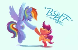Size: 2833x1821 | Tagged: safe, artist:drtuo4, derpibooru import, part of a set, rainbow dash, scootaloo, pegasus, pony, bsbff, cute, cutealoo, eyes closed, female, filly, happy, hoofbump, image, jpeg, mare, scootalove, siblings, simple background, sisters