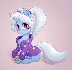Size: 3200x3100 | Tagged: safe, artist:zetamad, derpibooru import, trixie, pony, unicorn, abstract background, alternate hairstyle, babysitter trixie, chest fluff, clothes, cute, diatrixes, eyelashes, female, gameloft, gameloft interpretation, hoodie, horn, image, jpeg, mare, pigtails, sitting, solo, stars, tail, twintails, zipper