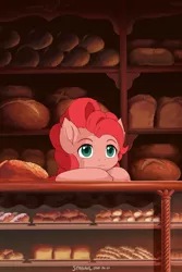 Size: 1600x2400 | Tagged: safe, alternate version, artist:symbianl, derpibooru import, pinkie pie, earth pony, pony, :<, bakery, bored, bread, female, food, frown, image, kiki's delivery service, mare, parody, pastry, png, solo