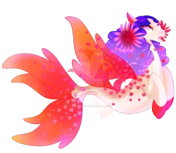 Size: 1920x1663 | Tagged: safe, artist:cupidauctions, derpibooru import, oc, unofficial characters only, pony, seapony (g4), colored pupils, deviantart watermark, dorsal fin, female, fin wings, fins, fish tail, flower, flower in hair, flowing tail, image, looking at you, mare, mermay, obtrusive watermark, open mouth, pink eyes, png, purple mane, red wings, simple background, solo, tail, transparent background, watermark, wings