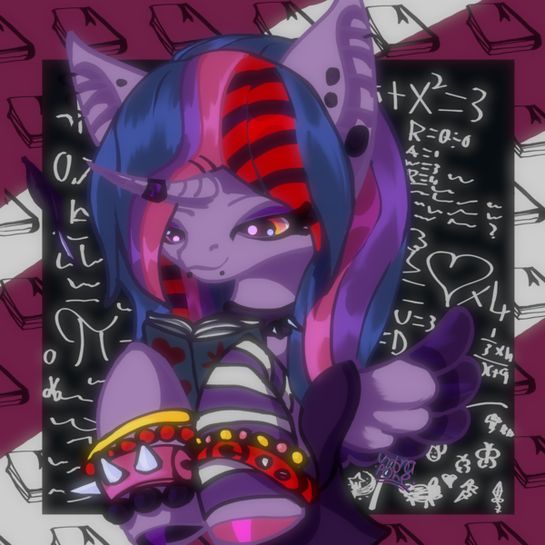 Size: 3000x3000 | Tagged: safe, artist:umbrapone, derpibooru import, twilight sparkle, twilight sparkle (alicorn), alicorn, bat ears, belts, book, bookhorse, bracelet, clothes, collar, colored wings, ear piercing, emo, heart, hoof hold, hooves, horn, horn ring, image, implied fluttershy, implied rainbow dash, implied rarity, implied starlight glimmer, implied trixie, jewelry, leg warmers, lip piercing, math, piercing, png, rawr, rawrified, reading, ring, shirt, spiked collar, spiked wristband, striped mane, t-shirt, two toned wings, wings, wristband